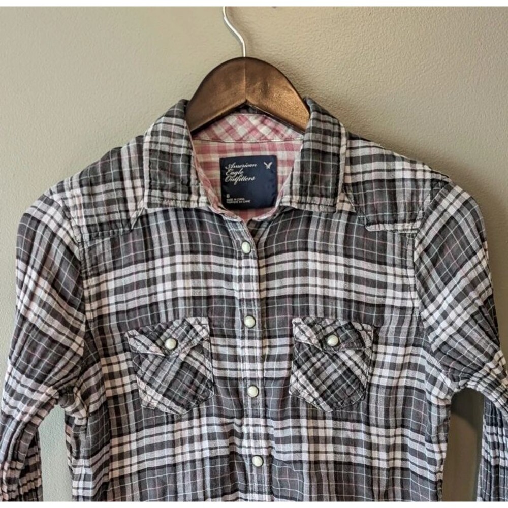 American Eagle Womens 8 Medium Pearl Snap Plaid Shirt Double Layer Western Pink